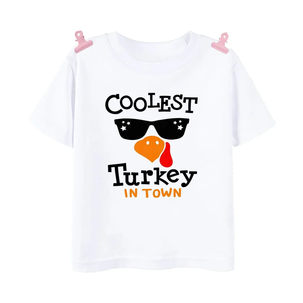 Coolest Turkey in Town Print T Shirt Kid Thanksgiving Clothes Mama's Little Pumpkin Toddler Thanksgiving Tops Cute Halloween Tee