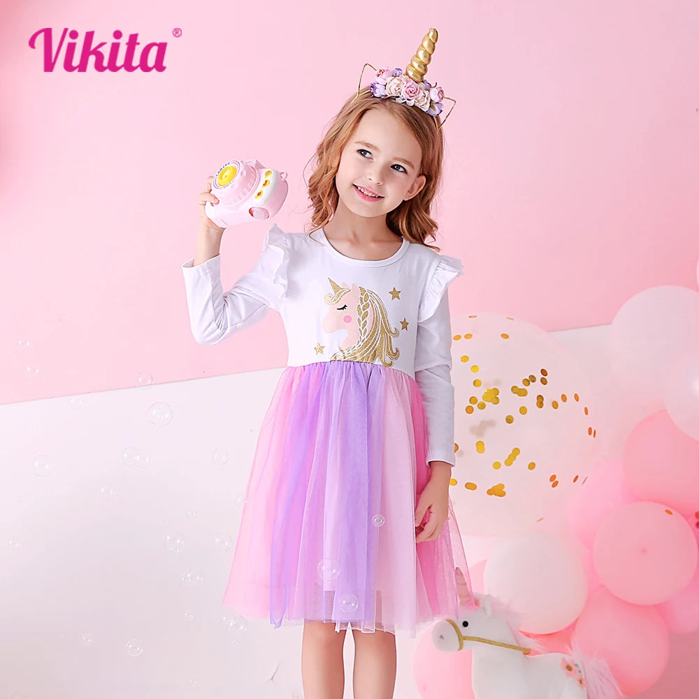 VIKITA Girl Unicorn Cartoon Print Dress Kids Flare Sleeve Autumn Spring Princess Dresses Girls Mesh Tulle Party Vestidos 3-8 Yrs