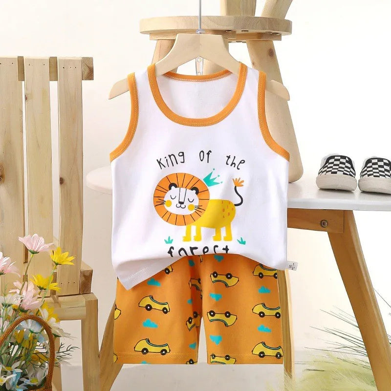 1-6 Y Kids Baby Boys Vest+Shorts 2-Piece Clothing Set Cartoon Printing Summer Girls Cotton Tracksuit Sports Casual Clothes Suit