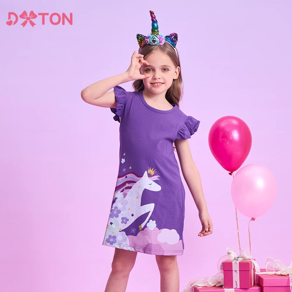 DXTON Cotton Children Dresses For Girls Floral Printed Princess Kids Dresses Unicorn Cartoon Toddlers Casual Summer Clothing