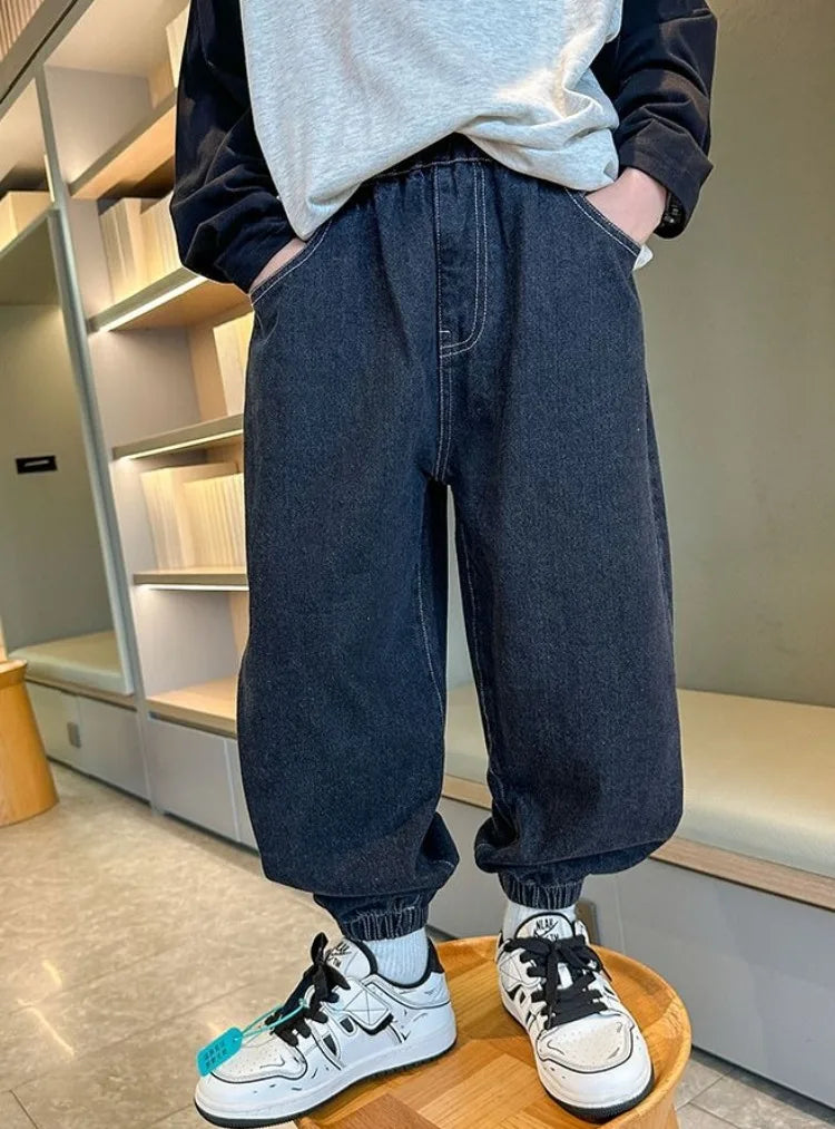 2025 New Boys' Denim Jeans Spring Autumn Kids Casual Sport Pants Long Korean Style Trendy Streetwear