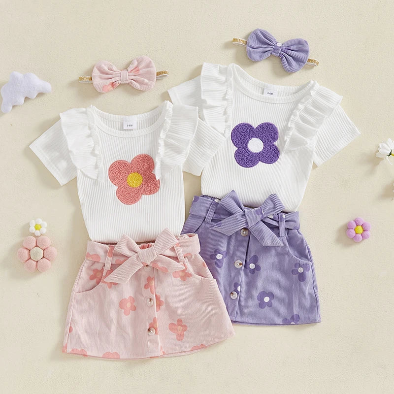 Adorable Baby Girl Floral Print Romper with Matching Skirt and Headband Set for Summer Outings and Photoshoots
