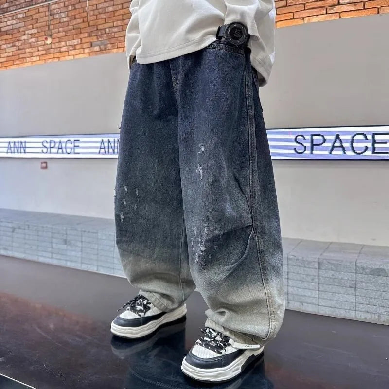 2025 New Boys' Gradient Denim Jeans Straight Leg Loose Fit Wide Pants for Kids Spring/Fall Casual Wear, Trendy & Stylish