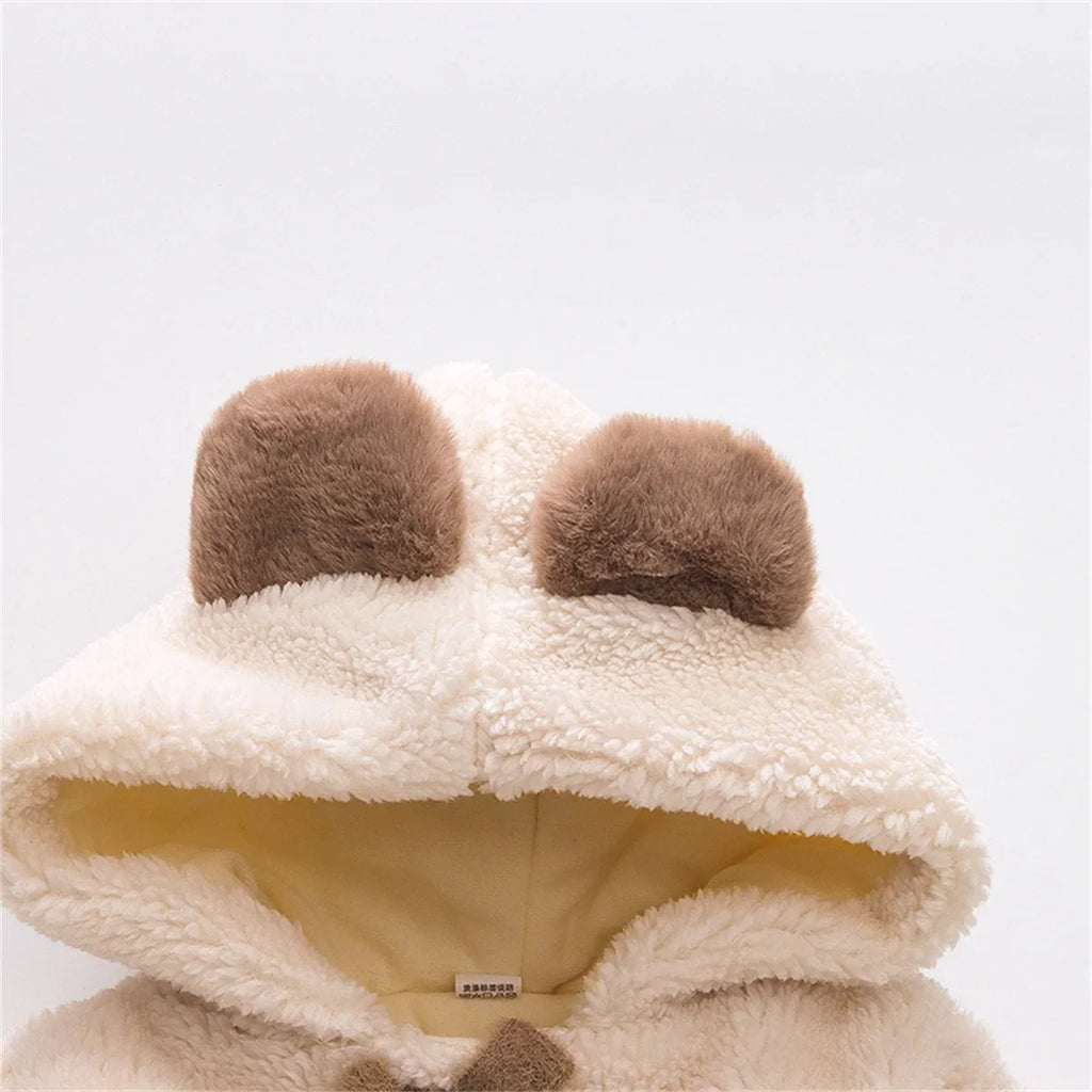 (0-3 Years Old Girls) Winter New Girls' Top Warm Furry Hat Bow Ribbon Warm Cute Hooded Bear Ears Long Sleeve Pocket