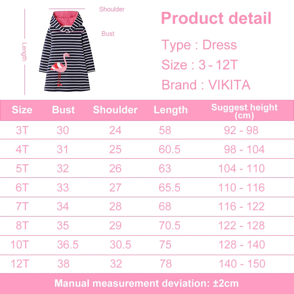 VIKITA Girls Autumn Hooded Dress Kids Flamingo Striped Straight Dresses Kids Sports Street Daily Casual Cotton Hoodies Vestidos