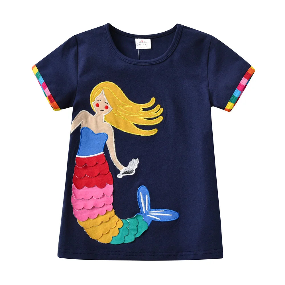 Toddlers Short Sleeve Colorful Mermaid Appliqued T Shirt Kids 100% Cotton Casual T Shirts Girls Beach Vacation Summer Tops Wear