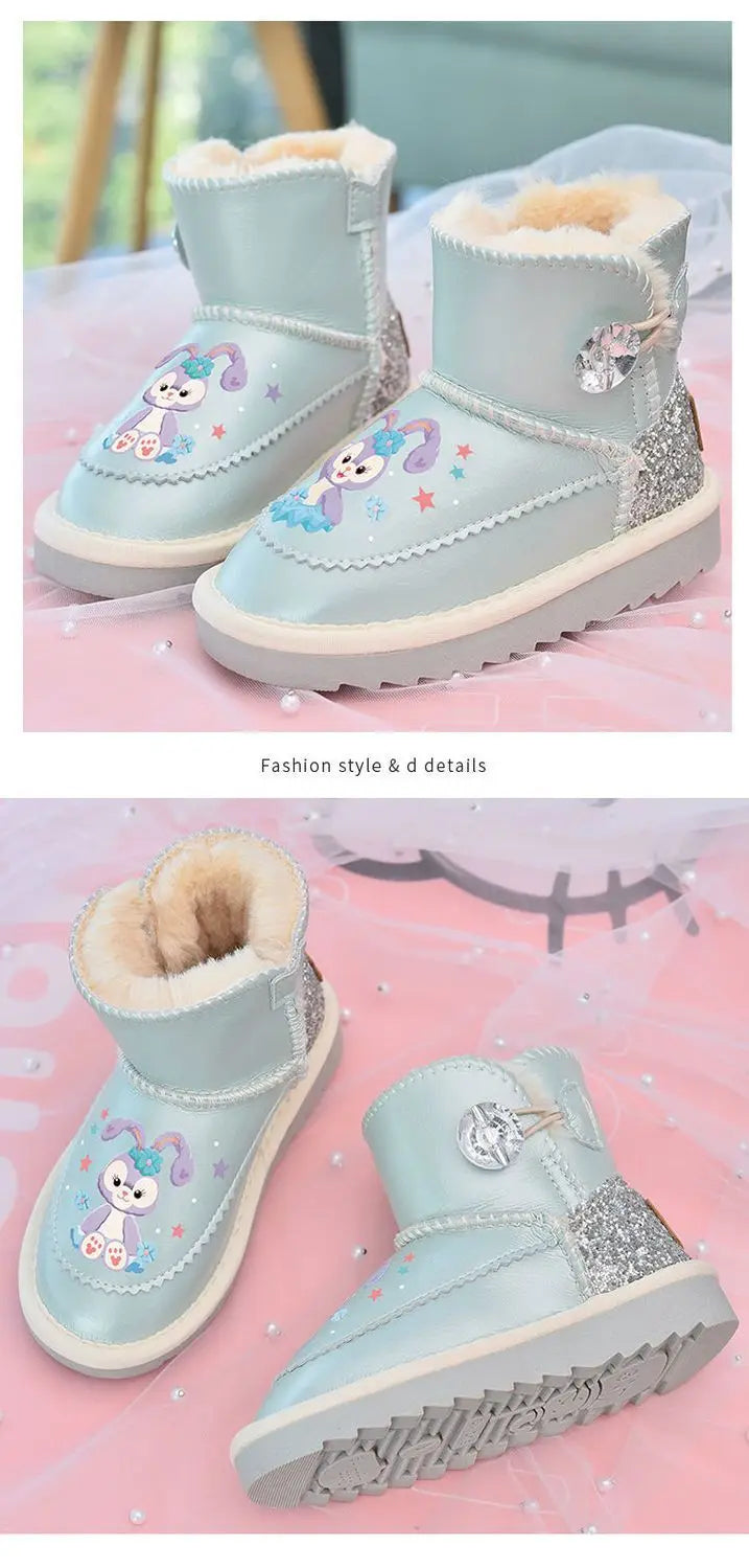 Disney Girls' Snow Boots Genuine Leather StellaLou Cartoon Waterproof Winter Children's Shoes Baby Girls' Thickened Ankle Boots