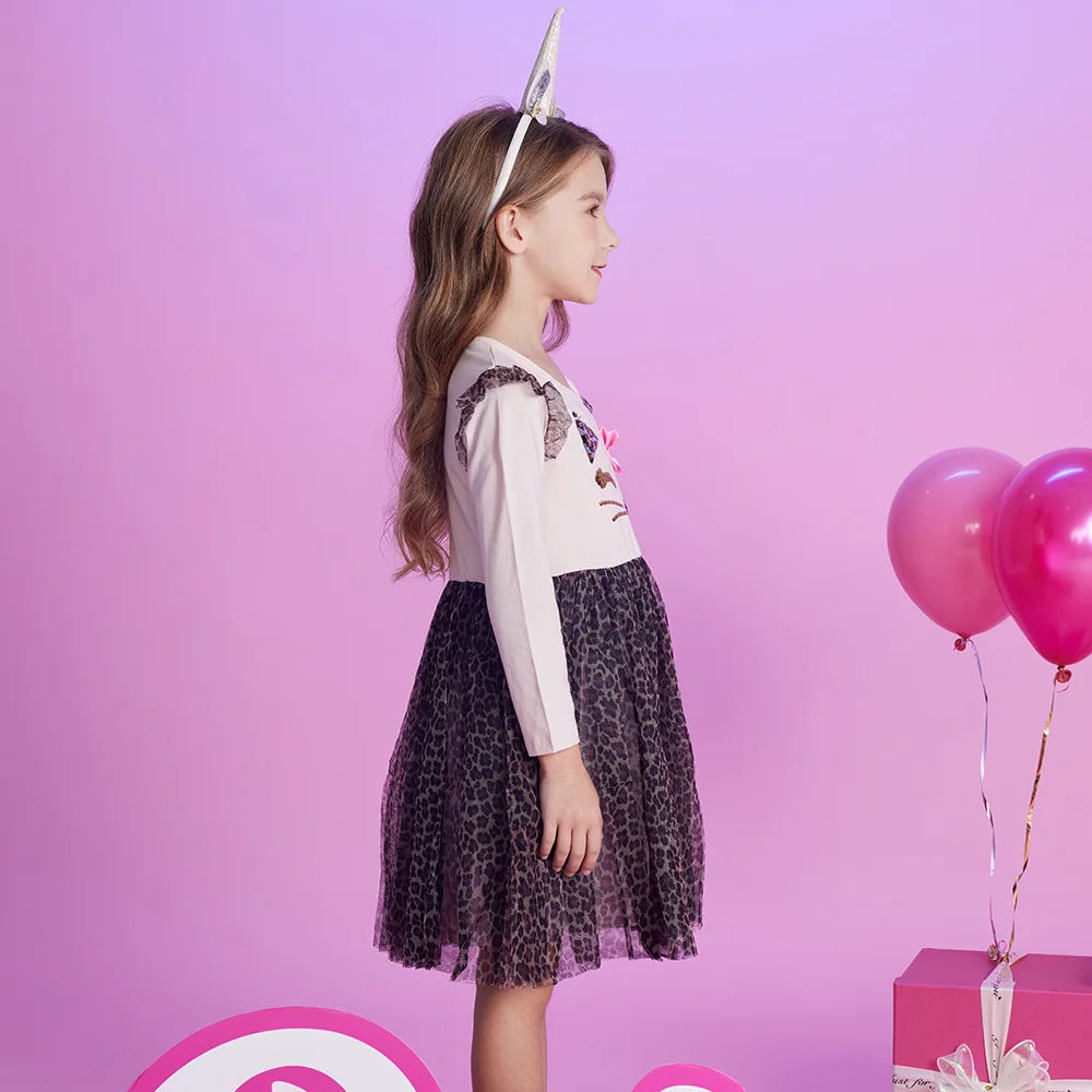 VIKITA Kids Leopard Print Dress Girls Cat Cartoon Flare Sleeve Princess Dresses Girls Autumn Spring Patchwork Fashion Dress