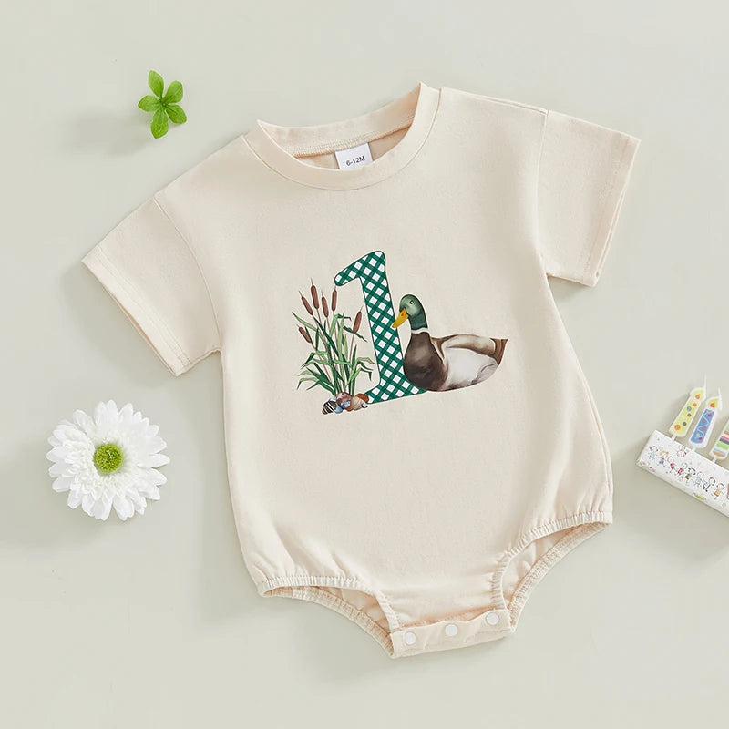 Toddler Boy Lightweight Cotton Romper Short Sleeve Round Neck Animal Print Loose Fit Jumpsuit for Summer Beach Party