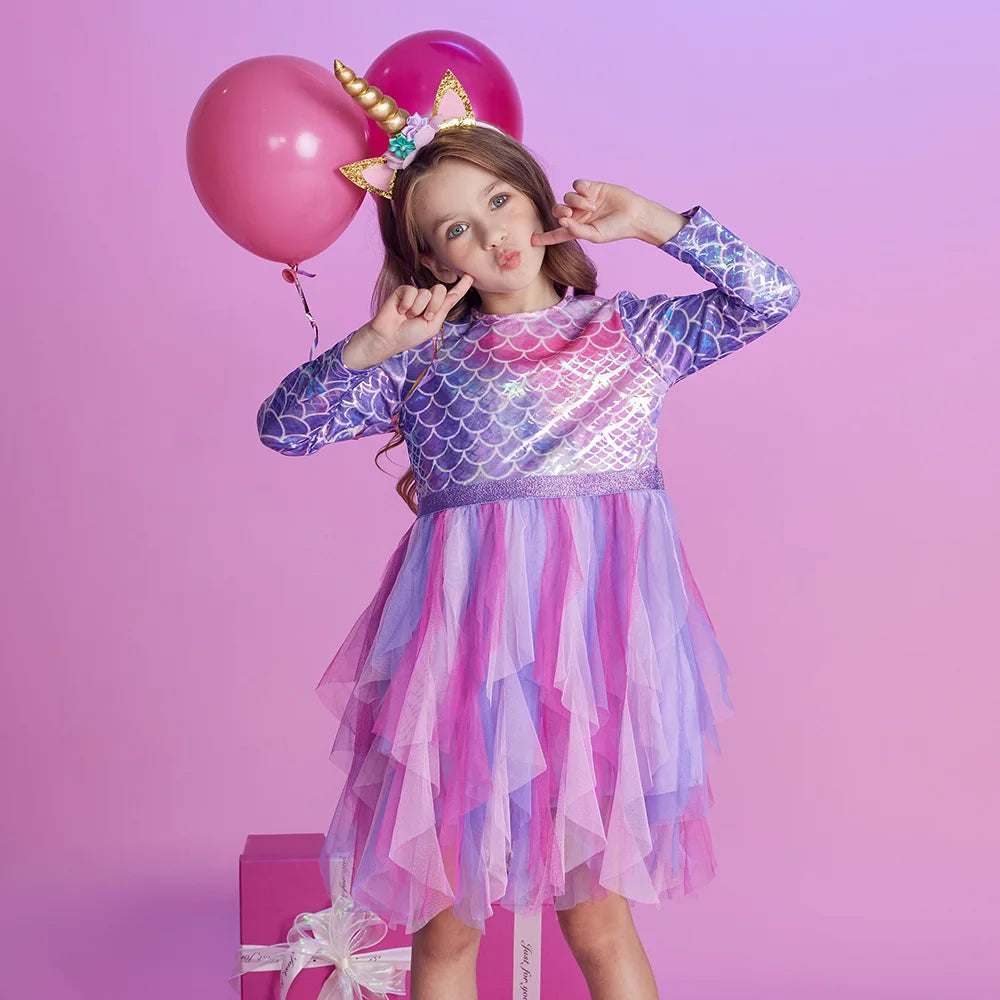 VIKITA Girls Mermaid Print Princess Dress Girl Cake Layered Performance Tutu Dresses Kids Long Sleeve Autumn Winter Party Dress