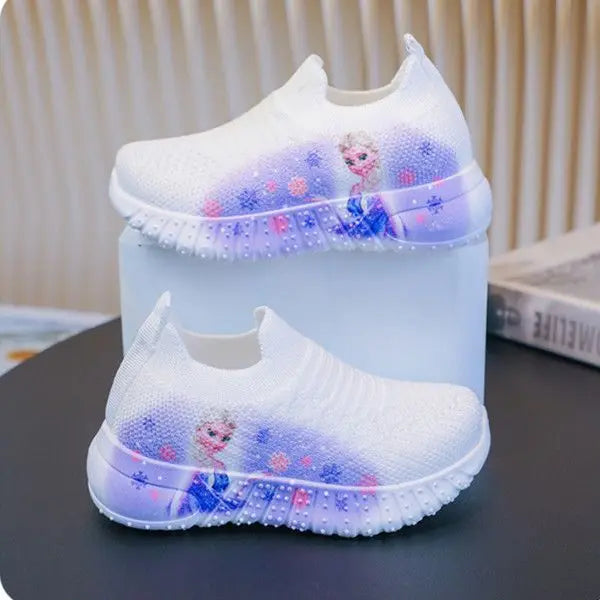 Disney Solid White Fashion Knitting Frozen Princess Elsa Children Casual Shoes Kids' Light Breathable Stretch Socks Sneakers Siz