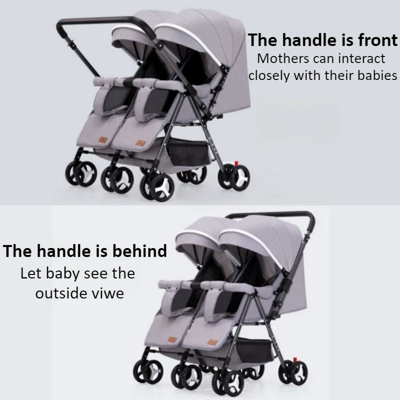 Double Stroller Sit & Lying Side By Side Lightweight Foldable Twin Umbrella Stroller with Universal Front Wheel Two-way Stroller