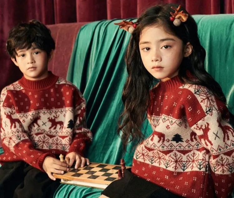 Kids' Christmas Thickened Fleece-Lined Pullover Sweater - Korean Style Warm Baby Boy & Girl Red Holiday Knitwear for Toddler