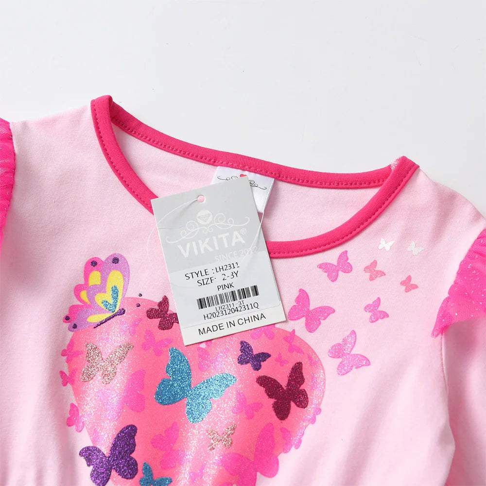 VIKITA Girls Heart Design Butterfly Print Dress Kids Pink Dresses Girls Autumn Spring Long Sleeve Mesh Tulle Layered Vestidos
