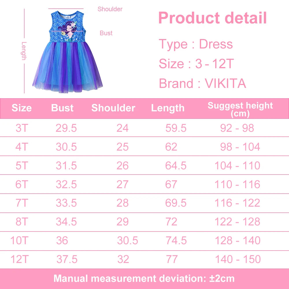 VIKITA Kids Summer Sleeveless Dress Girls Mermaid Cartoon Print Vestidos Kids Birthday Party Mesh Tulle Princess Patchwork Dress