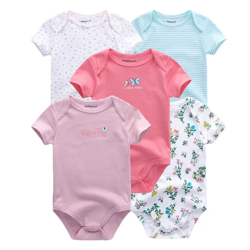 Kiddiezoom 5 Piece Summer Fashion Cartoon Boys and Girls Bodysuits 100% Cotton Soft Newborn Bodysuit Set Gift