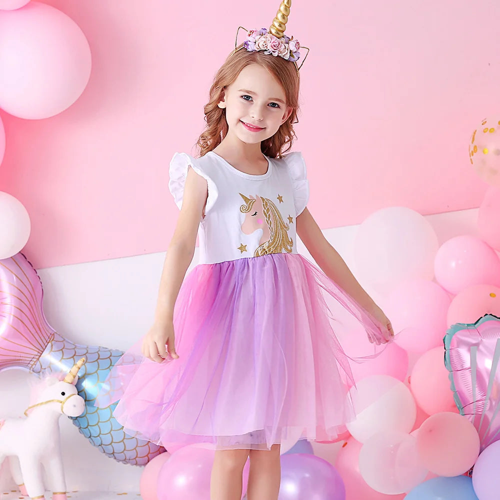 VIKITA Girls Flare Sleeve Summer Vestidos Girls Licorne Print Cartoon Patchwork Dress Girl Party Princess Cute Mesh Tulle Dress