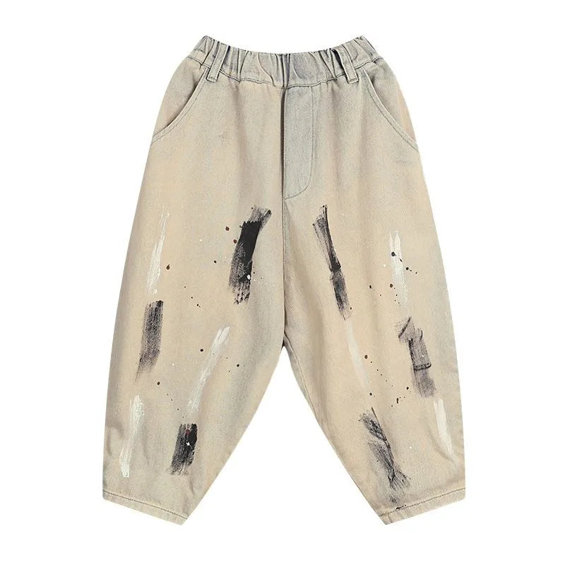 2025 Spring/Autumn Boys' Hip-Hop Long Pants, Kids' Size 12-14 Versatile Graffiti Casual Streetwear Trousers