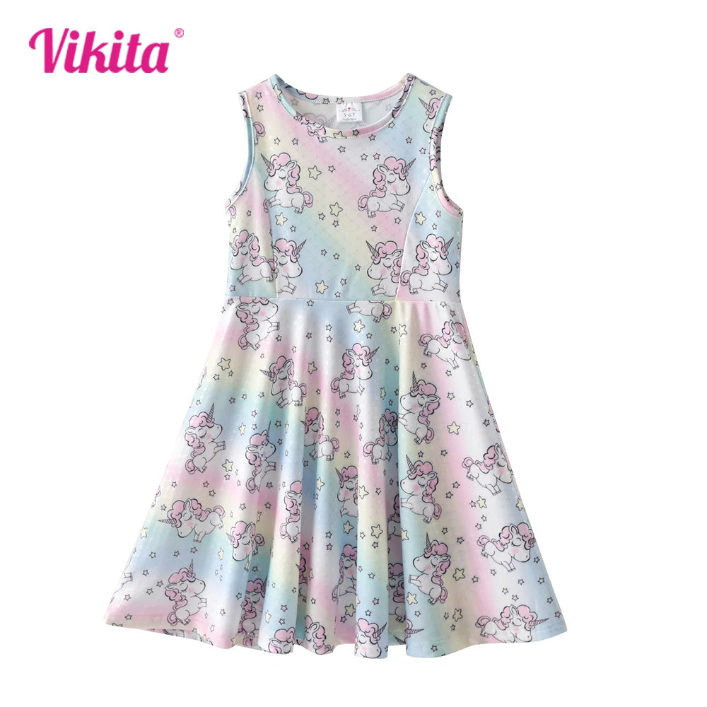VIKITA Girls Licorne Rainbow Star Print Dress Kids Summer Sleeveless Polyester Beach Vacation Party Casual Princess Dresses