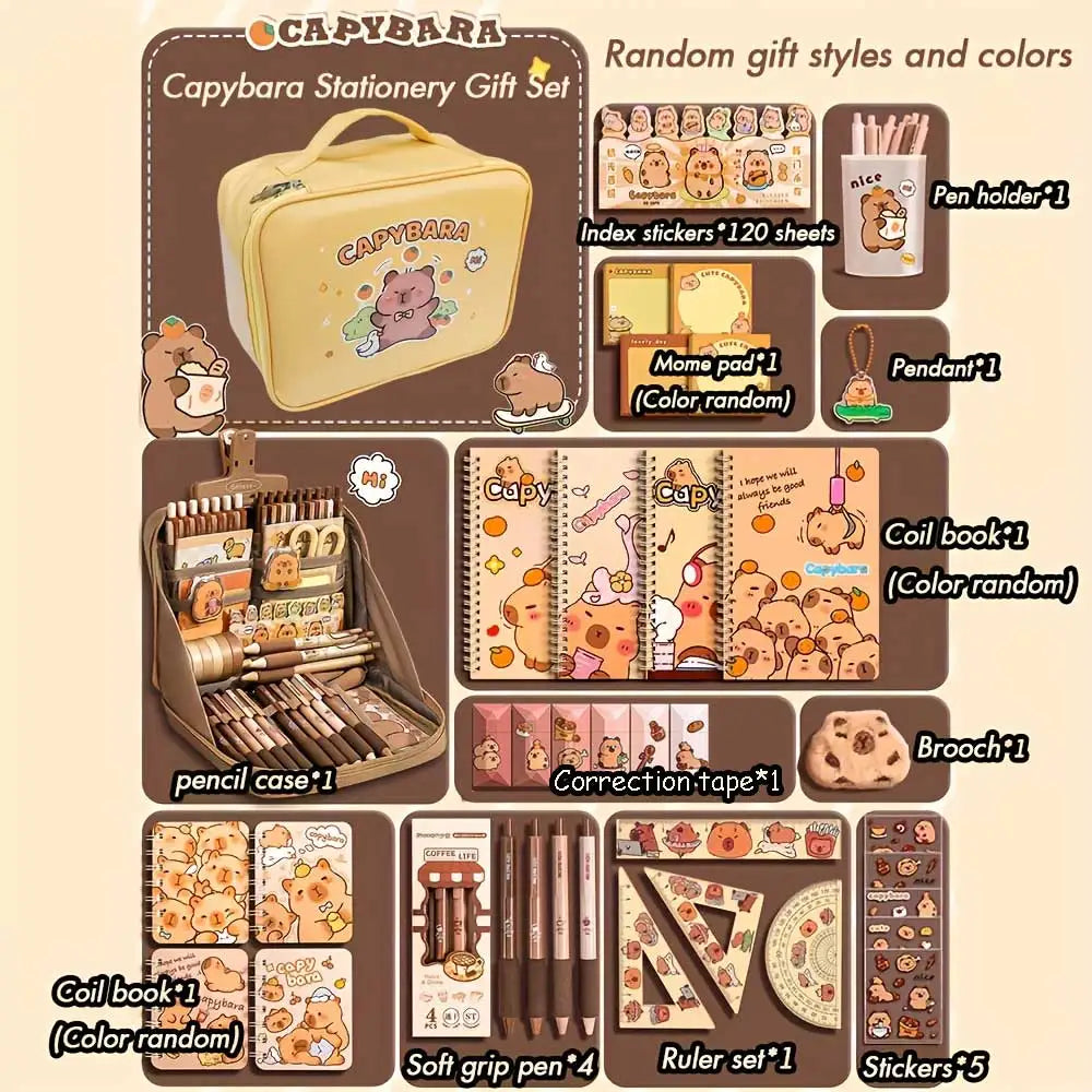 Cute Capybara Stationery Gift Set for Students, Featuring Soft Grip Pens, Notebook, Pencil Case, and Study Essentials Pack