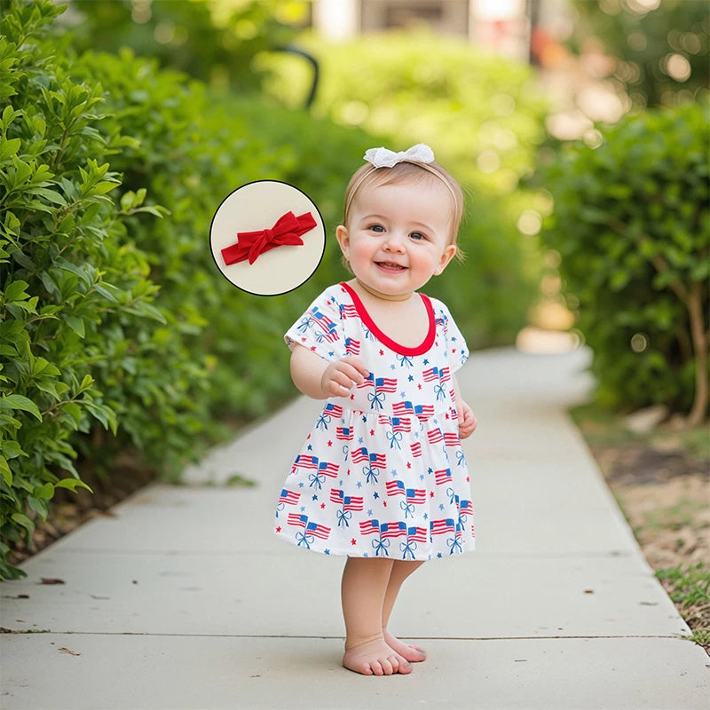 Infant Girls Patriotic Romper Dress with Bow Headband American Flag Print Short Sleeve Summer Outfit Jumpsuit for Independence