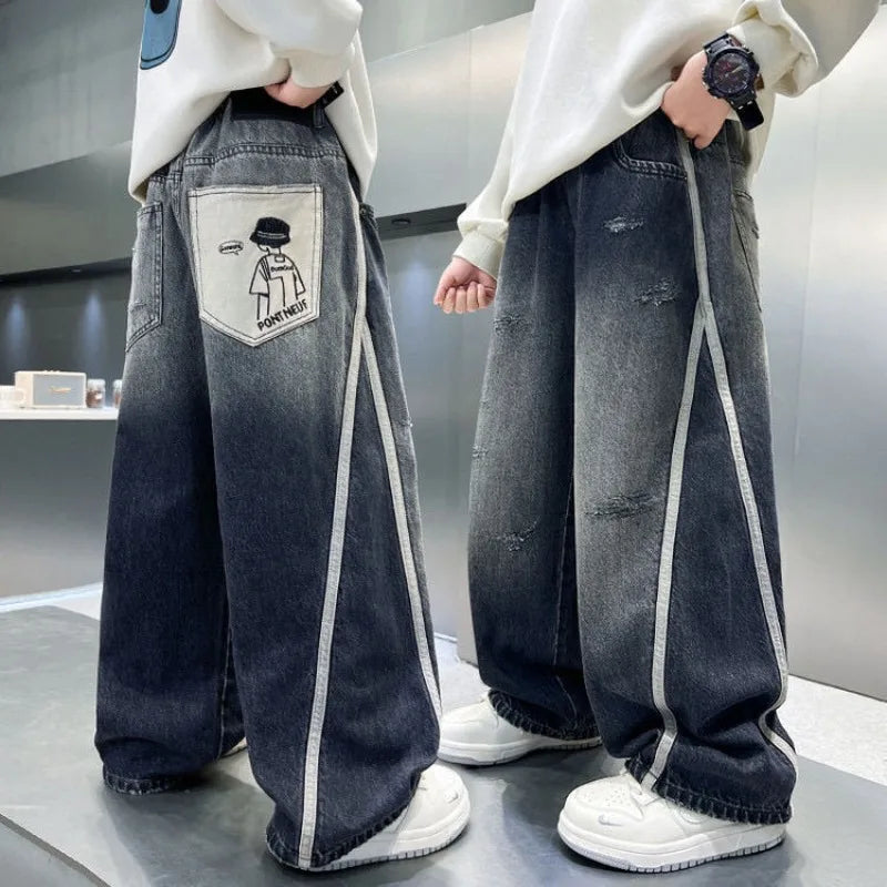 2025 New Boys Straight Jeans Big & Tall Kids Autumn Winter Denim Pants Boys Long Jeans