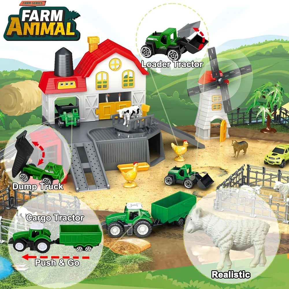 Farm Animals Toys for Toddlers Barn Farm Playset with Animals Figures Tractor for Kids Educational Learning Toys Christmas Gifts