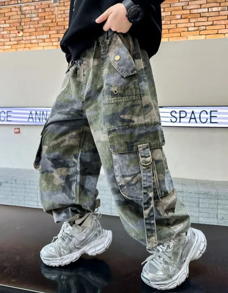 2025 New Boys Autumn Camouflage Tactical Pants - Kids Cargo Pants with Multiple Pockets, Trendy & Comfortable for 8-14 Years Old