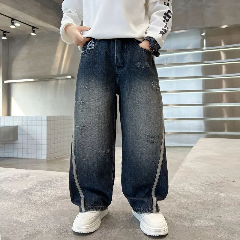 2025 New Boys Straight Jeans Big & Tall Kids Autumn Winter Denim Pants Boys Long Jeans