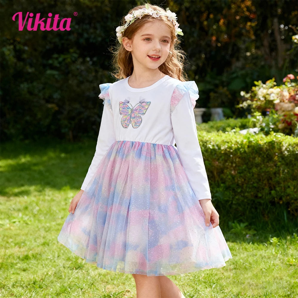 VIKITA Girls Long Sleeve Autumn Spring Dresses Kids Colorful Butterfly Sequined Appliqued Glittery Gradient Princess Mesh Frocks