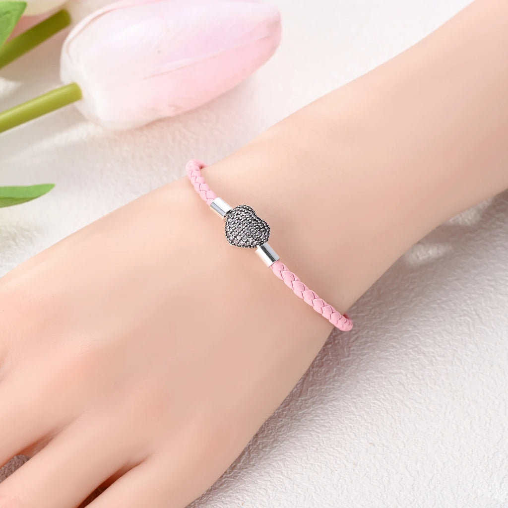 925 Sterling Silver Charm Bracelets For Woman Heart Shell Leather Rope Plait Bracelet Fit Beads Making  Fshion Jewelry Gift