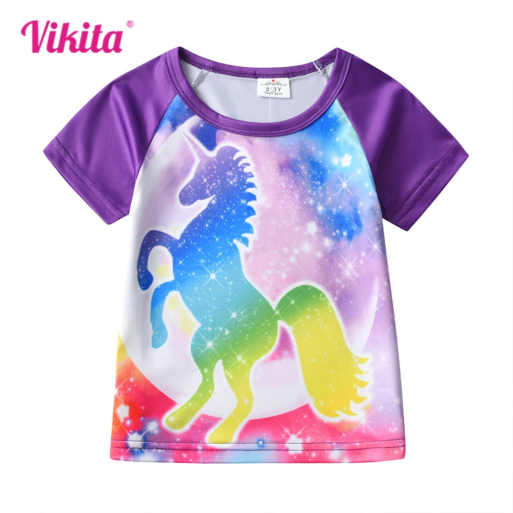 VIKITA Girls Short Sleeve T Shirt Kids Polyester Licorne Print Tees Colorful Cartoon Casual School Daily Costumes Tops and Tees