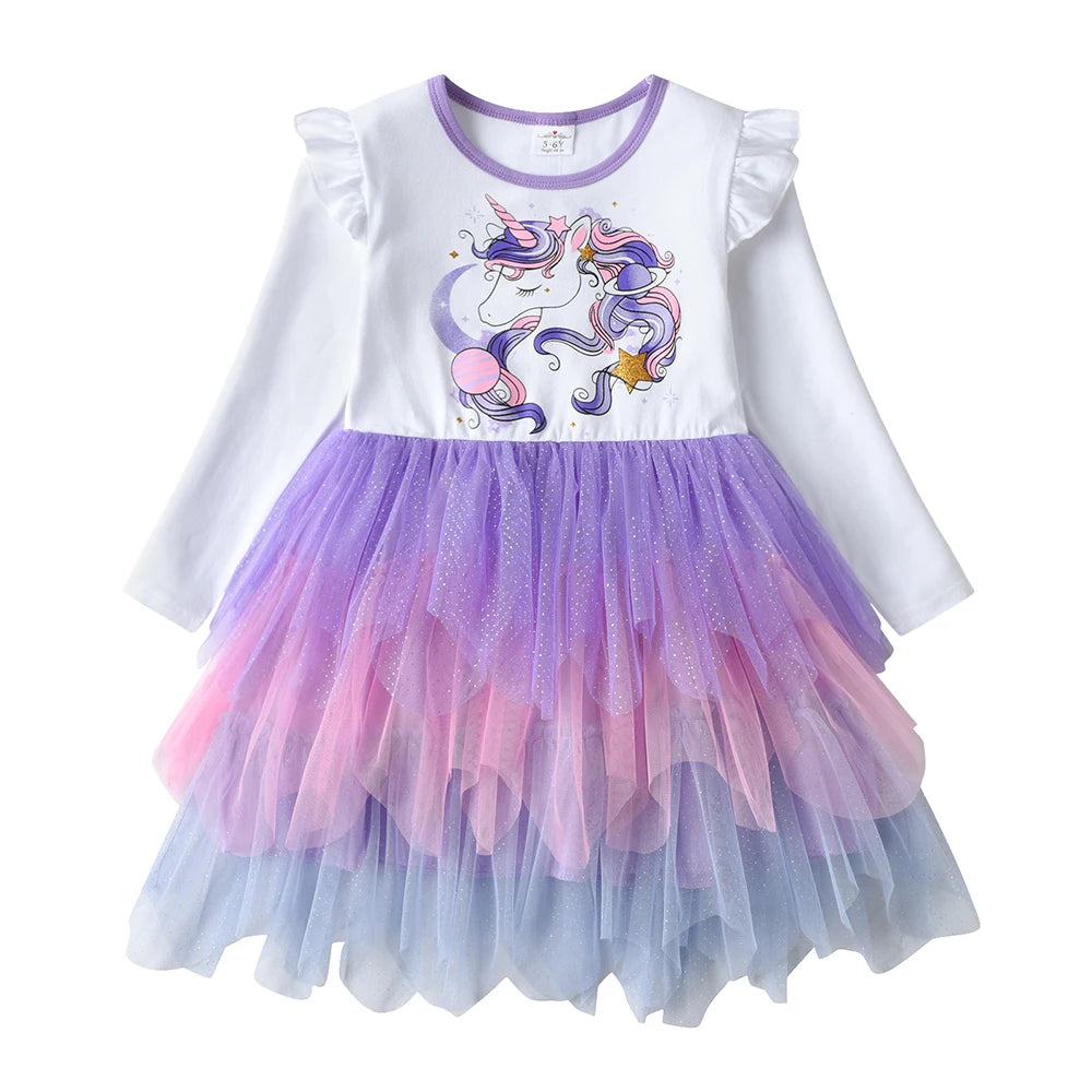 VIKITA Winter Children Dresses Unicorn Kids Princess Tutu Dress Irregular Prom Costume Long Sleeve Birthday Party Girls Clothes