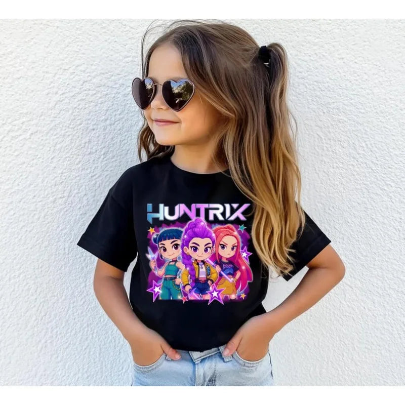 2025 Hot Huntrix Kpop Demon Hunters T-Shirt for Boys Girls Fans Gift Summer Crew Neck Short Sleeve Tees Fashion Kids T-shirt