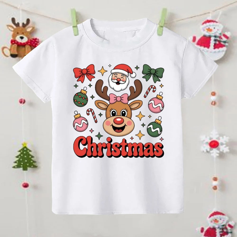 Christmas Fashion Kid Tee Top Round Neck Santa Claus/Tree/Snowman/Elk Print Shirt for Boy Girl Clothes Kids Unise