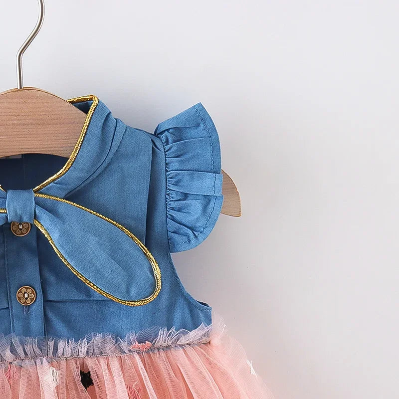 (Girls 0-3 Years Old)New Summer Girls Dress Small Flying Sleeve Bow Cowboy Work Pompous Past Polka Dot Color Sweet Princess Dres