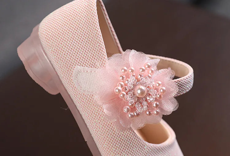 Korean Style Fashion Kids Beaded Little Flowers Leather Shoes Girls Princess Shoes Children Crystal Soft Bottom Dancing Shoes