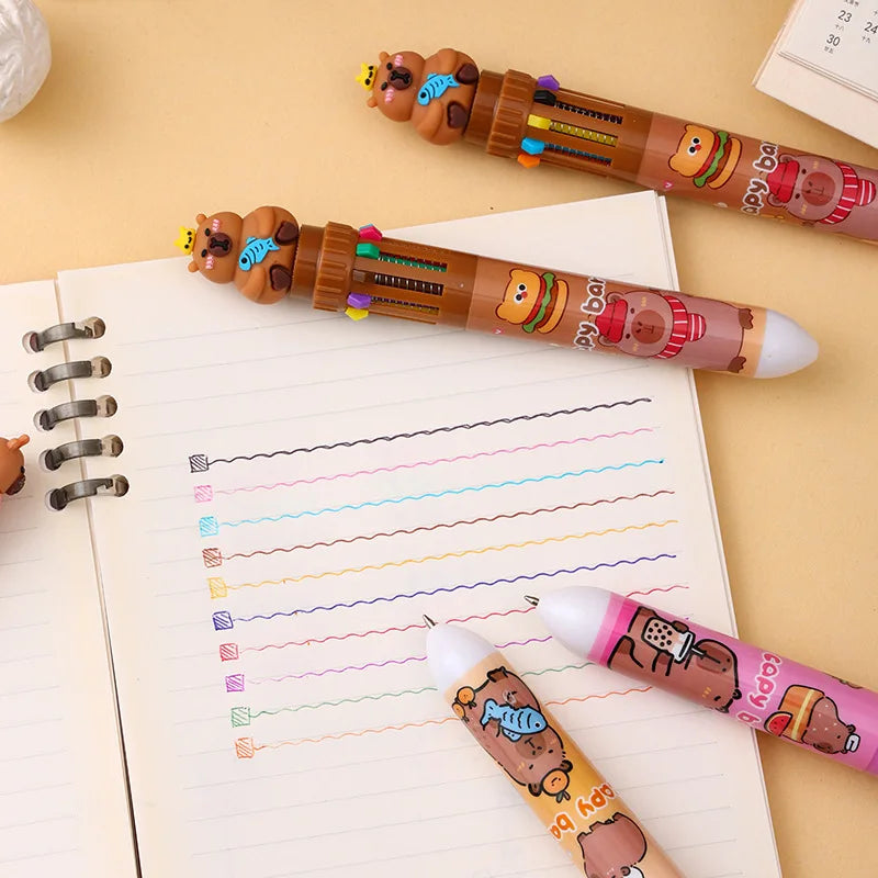 Cute Capybara 36Pcs 10 Color Ballpoint Pen Cartoon Set Capibala Creative Modeling 0.5Mm Multicolor Pen Students Learn Stationery