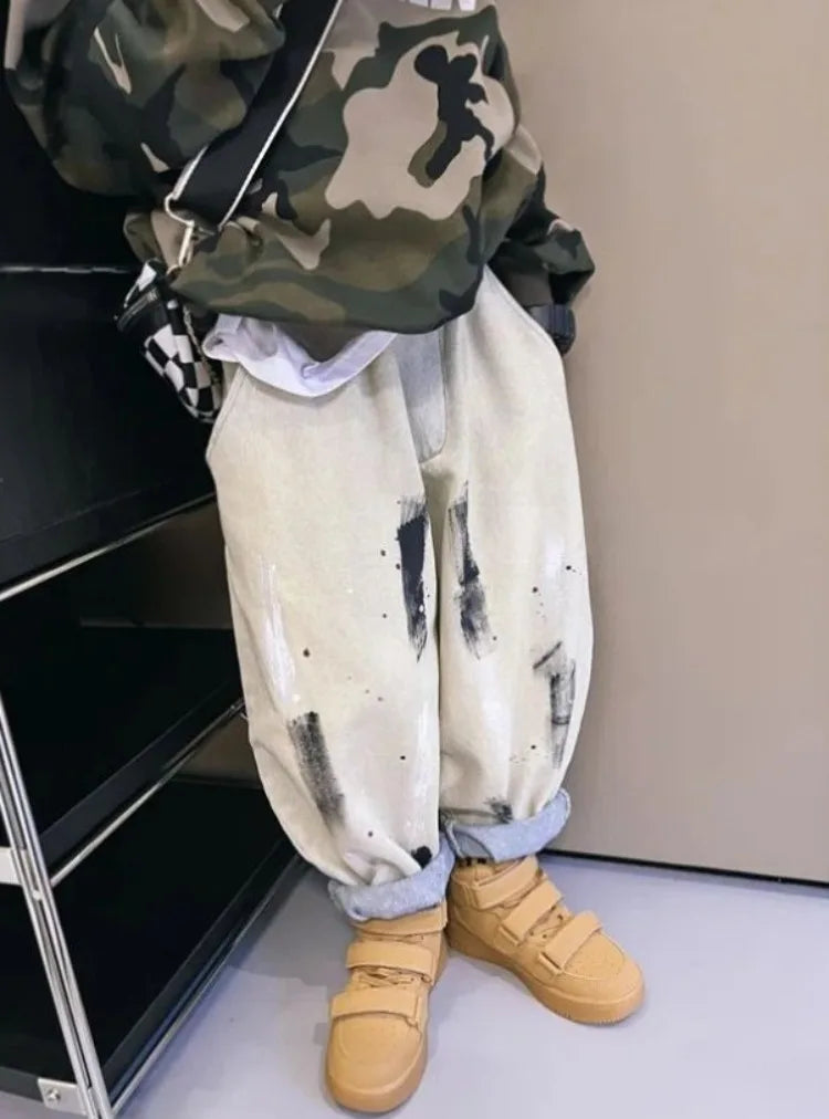 2025 Spring/Autumn Boys' Hip-Hop Long Pants, Kids' Size 12-14 Versatile Graffiti Casual Streetwear Trousers