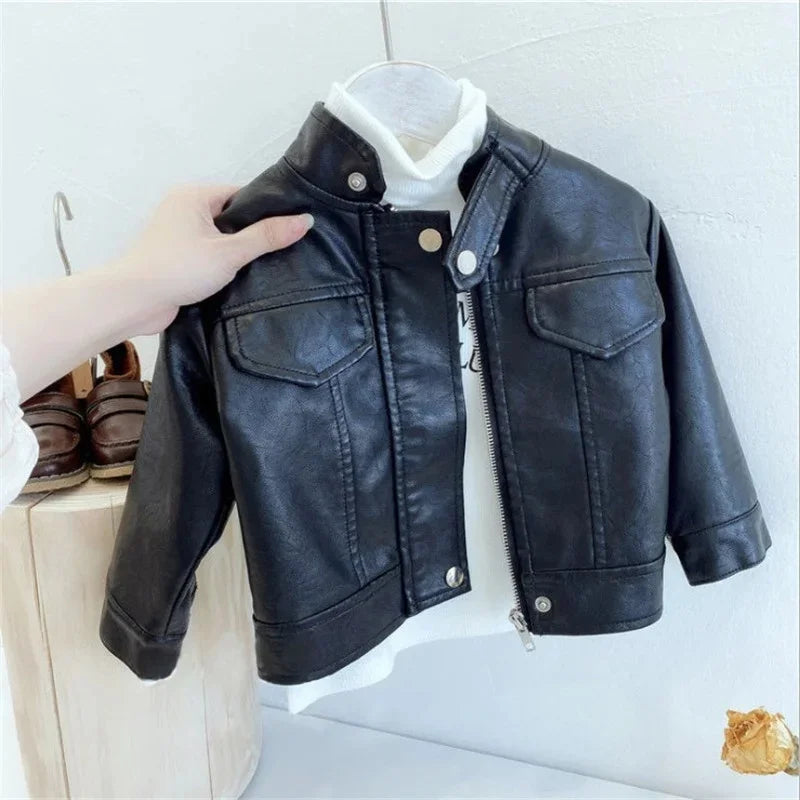 Boys Pu Leather Jackets Spring Autumn Children Handsome Outerwear Kids Zipper Trends Coats Baby Classics Clothes 2-8 Years