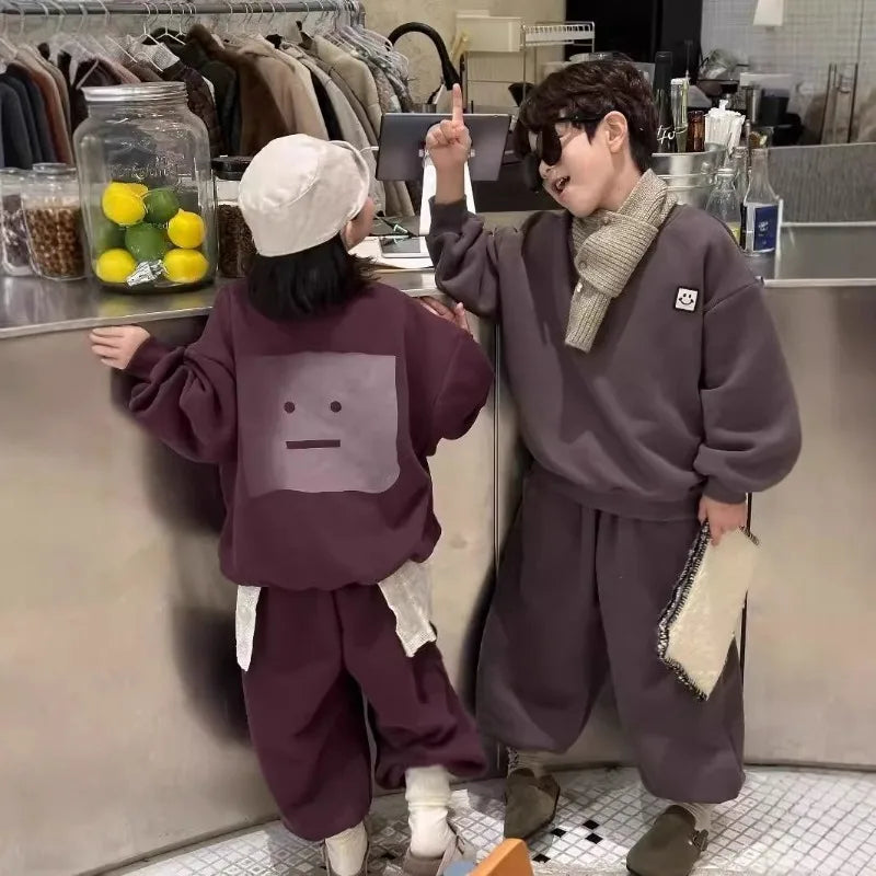 Fleece-Lined Sweatshirt Set 2025 New Children's Clothing Outdoor Clothes Boys Boys' Sets Korean Boy Outfit Top Bottom Kids Boy's