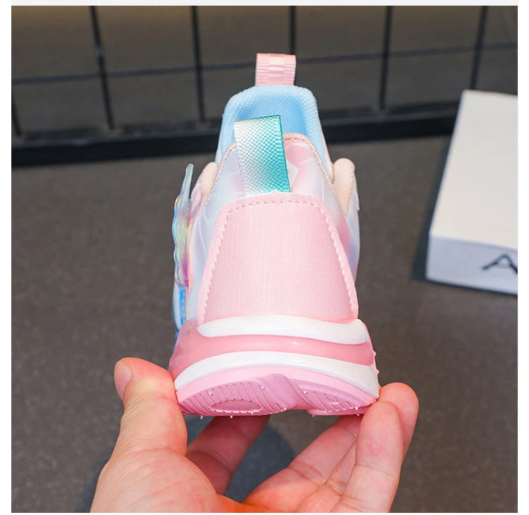 Disney LED Casual Sneakers Spring Girls Frozen Elsa Princess PU Leather Shoes Children Lighted Non-slip Pink Size 23-35