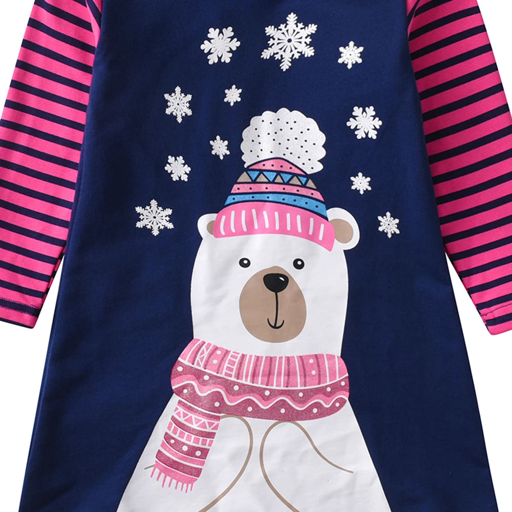 Girls Autumn Winter Hooded Dress Kids Cartoon Snowflakes Striped Straight Dresses Christmas Parties Daily Casual Cotton Dresses