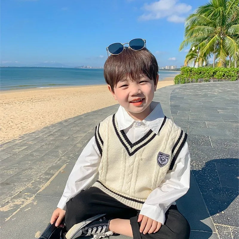 Boys' Knit Vest 2025 Spring Autumn New Preppy Style Kids' Outerwear Trendy Baby Boy Vest for School Casual Wear