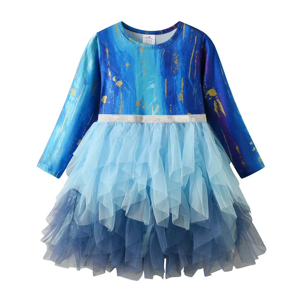 VIKITA Girls Blue Performance Prom Gown Party Princess Dress Kids Long Sleeve Autumn Winter Spring Layered Cake Tutu Dresses