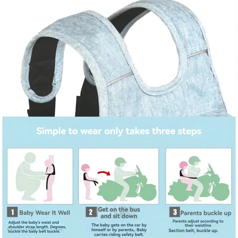 Child Motorcycle Safety Harness with Storage Bag Adjustable Breathable Shoulder Straps for Children Kids Motorbike Seat Belt
