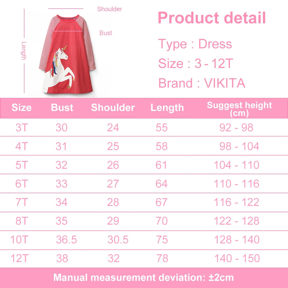 VIKITA Children Cotton Casual Daily School Straight Dress Kids Licorne Cartoon Appliqued Red Striped Long Sleeve Dresses 3-5 Yrs