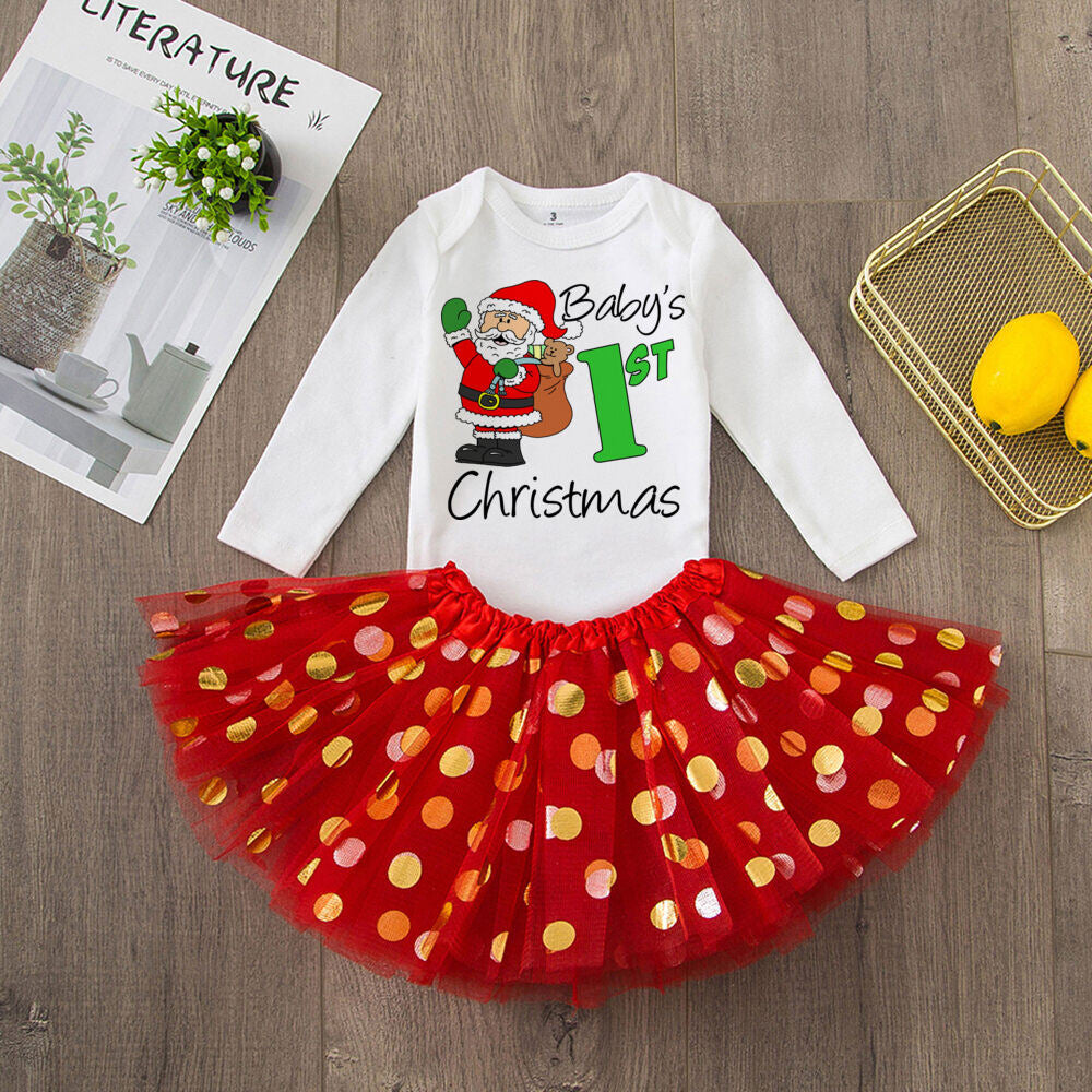 My 1St Christmas Baby Bodysuit Cake Dresses Set Infant Girls Long Sleeve Playsuit Tutu Skirts Clothes Toddler Xmas Party Outfits