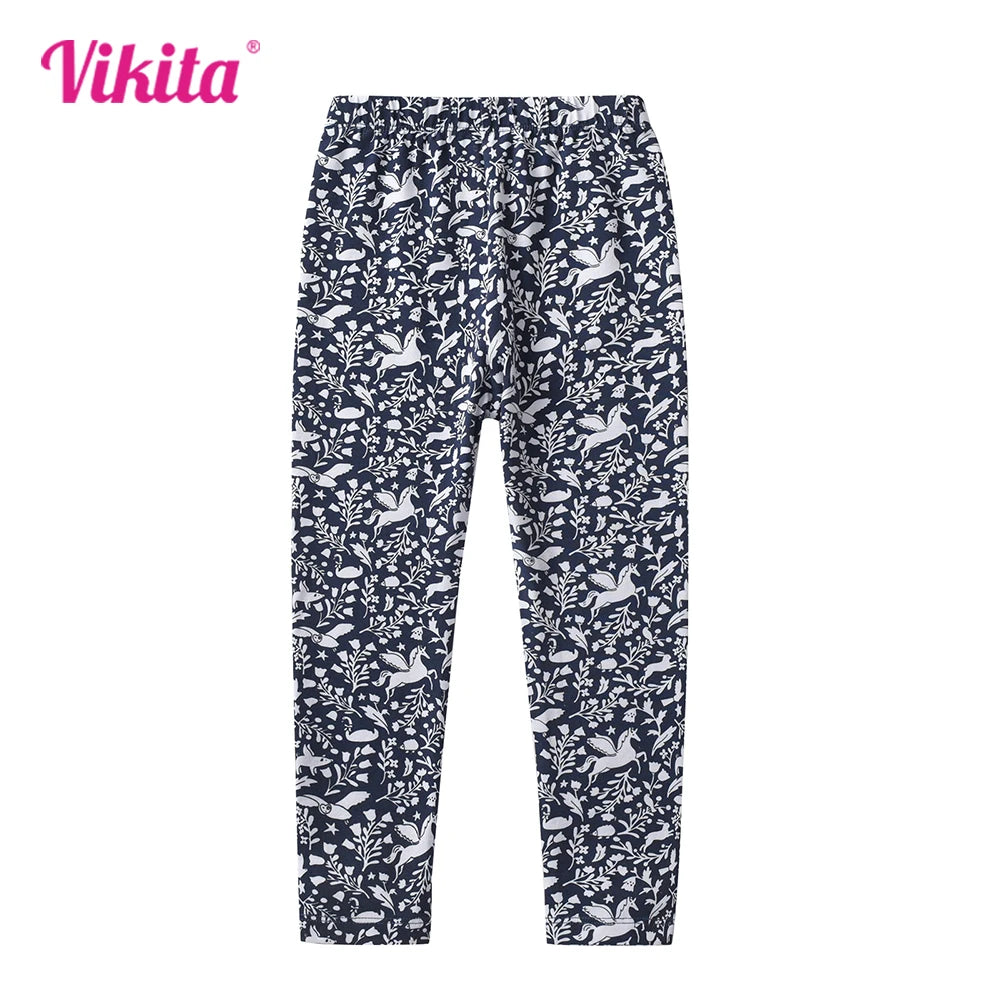 VIKITA Girls Leggings for Kids Unicorn Cartoon Print Cotton Casual Floral Pencil Pants Toddlers Teenage Skinny Cute Trousers