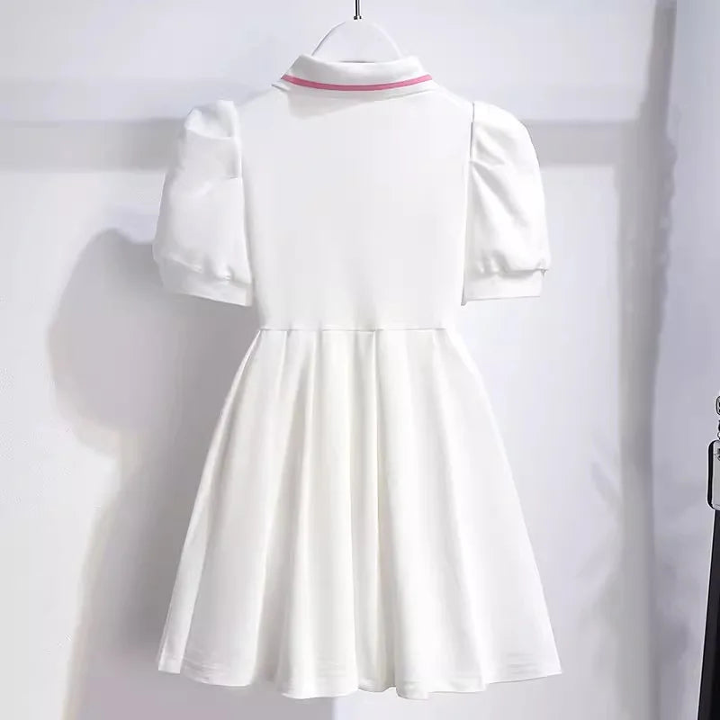 4-9Years Children Summer Dress Turn-Down Collar Girls Short Sleeve Solid Color Letter School Style Fashion Kid Dress